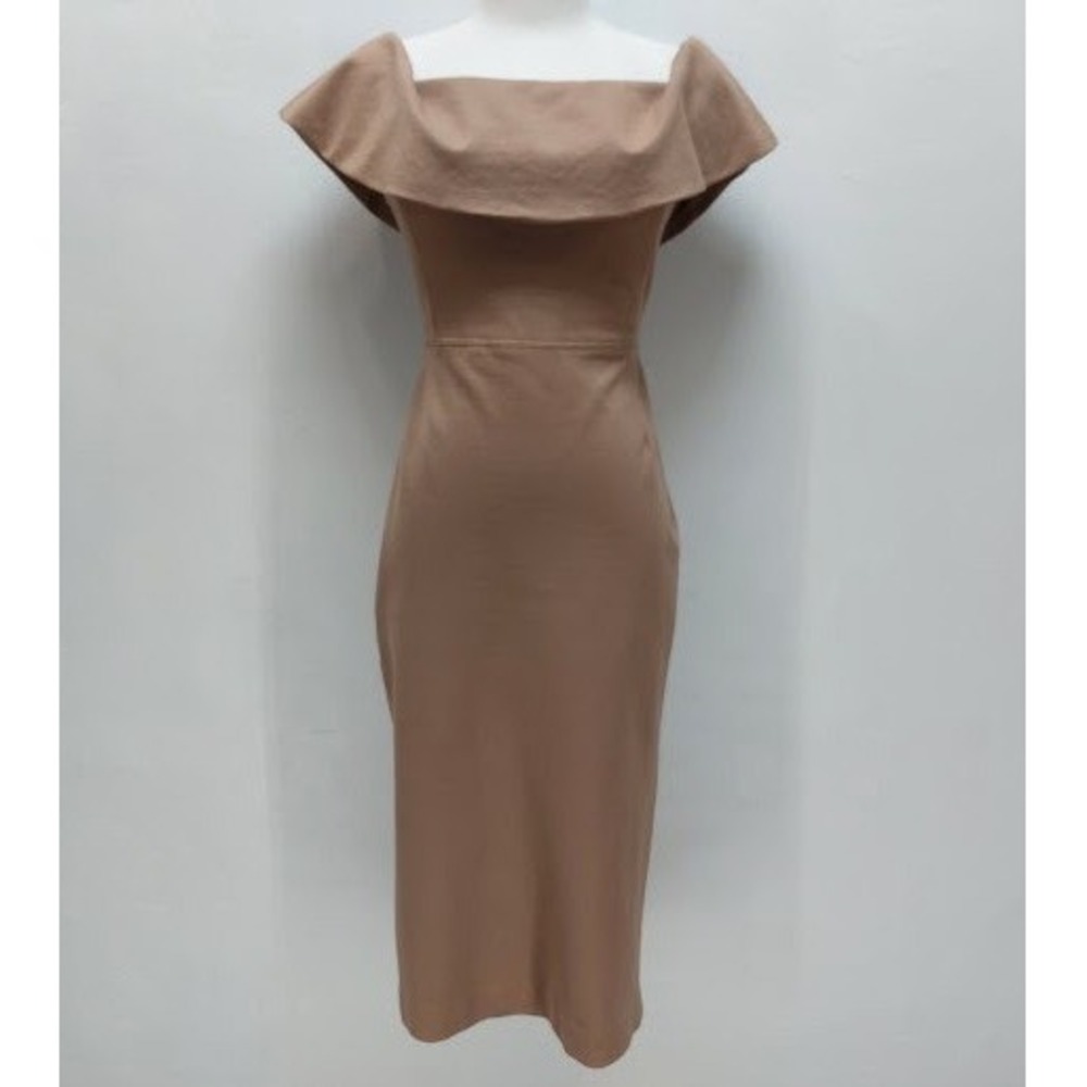 Babaton Sheath Dress Women's Off Shoulder Midi Size 2 Tan Minimalist Office Chic